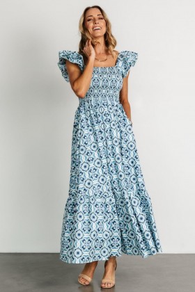 Baltic Born Zoey Smocked Maxi Dress Blue Print | Clothing Maxi Dresses