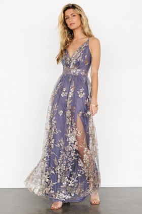  발틱 출신 루시엔 쉬머 맥시 가운 블루 + 골드 | 의류 장식 + 스팽글