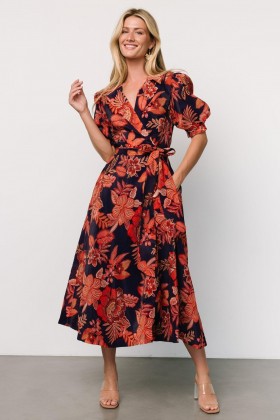  발틱 본 포텐자 랩 드레스 네이비 + 러스트 | 의류 미디 드레스