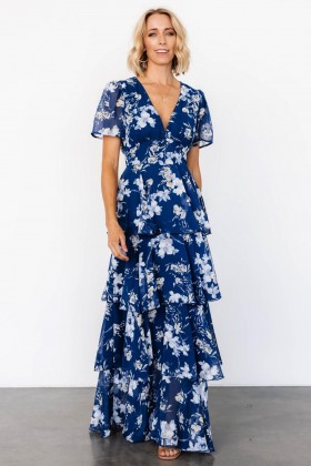  Baltic Born Montaigne Ruffle Maxi Dress Laivastonsininen + Sininen Kukallinen | Vaatteet Maksimekot